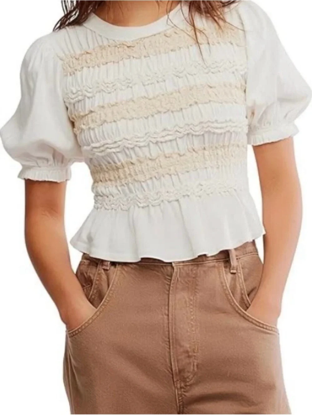Free people Maxey Smocked Ruffle Peplum Top in Cream